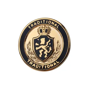 Elegant golden crest enamel button featuring a traditional lion shield and crown design for luxury apparel