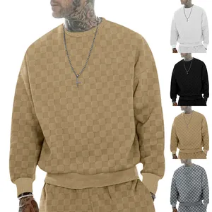 T-Shirt à Manches Longues pour Hommes Lourd Jacquard Motif Damier Col Rond Décontracté Haut Large pour Automne Hiver