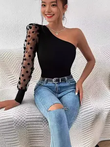 Haut Sexy à Épaule Dénudée Asymétrique pour Femmes Patchwork en Résille Manches Longues Imprimé à Pois T-Shirt Coupe Slim