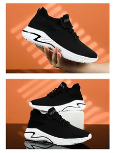 Close-up views of black breathable flyknit sneakers with lightweight white soles