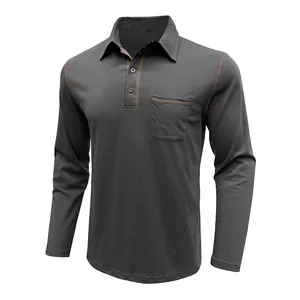 Polo de manga larga gris oscuro para hombre con costuras de contraste y bolsillo