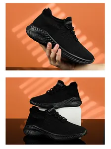 Close-up detail of breathable black fly-knit slip-on sneakers for active men and women