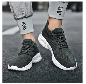 Breathable olive green flyknit sports sneakers with thick white soles for men and women