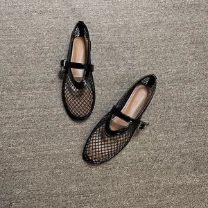 Women Mesh Hollow Mary Jane Flats Round Toe Breathable Ballet Shoes With Buckle Strap Casual Walking Shoes Black White
