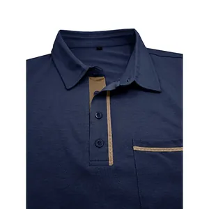 Vista detallada del polo de manga larga azul marino para hombre de estilo ejecutivo