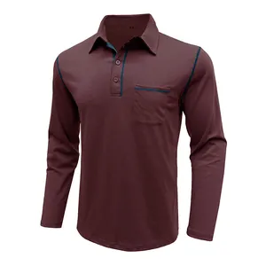 Polo de manga larga burdeos para hombre con costuras azul marino y bolsillo frontal