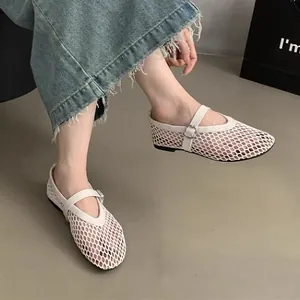 Comfortable white mesh Mary Jane ballet flats featuring adjustable buckle strap for women