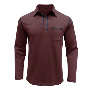 Vista frontal de un polo de manga larga granate para hombre con costuras azules