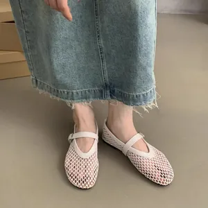 Stylish white mesh Mary Jane ballet flats with round toe and breathable hollow out design