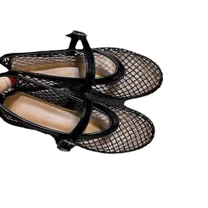 Stylish breathable black mesh Mary Jane ballet flats with adjustable buckle strap for women