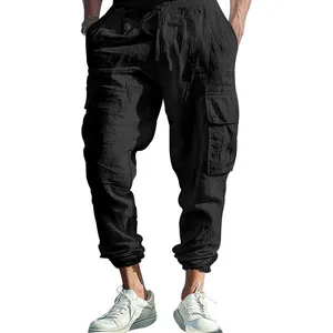 Men's cotton linen cargo joggers with drawstring and multi-pockets in black