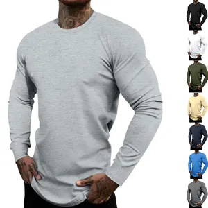 Heren Casual Polyester T-Shirt Basic Effen Kleur Ronde Hals Lange Mouw Slim Fit Ondershirt Ademend Lente Herfst Top