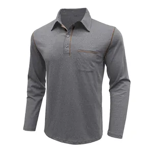 Primer plano de polo de manga larga gris vigoré con costuras marrones de contraste