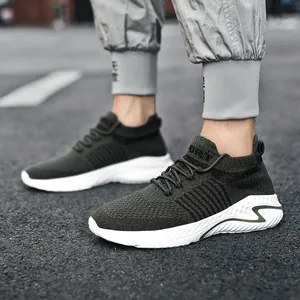 Breathable dark green fly-knit sports sneakers for men and women with white sole
