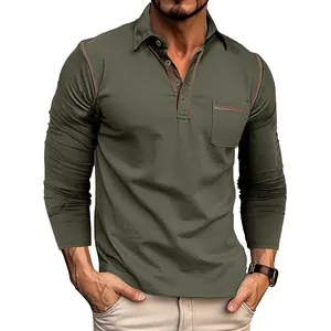 Polo de hombre manga larga verde oliva con bolsillo en el pecho y costuras a contraste