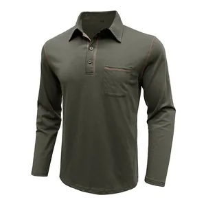 Polo de manga larga para hombre en verde militar con solapa informal y bolsillo frontal