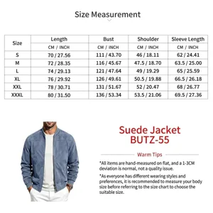Size chart and measurement table for men's casual blue suede zip-up bomber jacket
