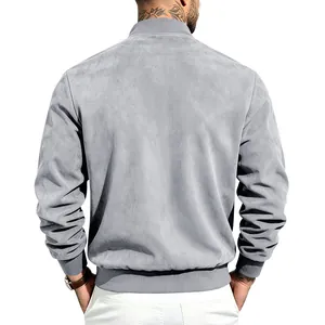 Vue arrière d'un blouson aviateur en daim gris pour homme montrant la texture du tissu