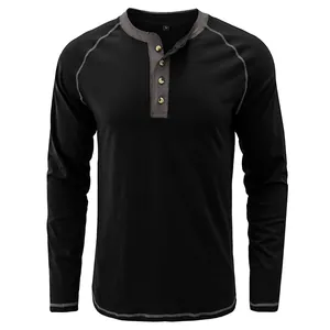Classic black long-sleeve cotton Henley shirt with contrast grey trim and buttons