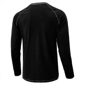 Back view of heavy cotton black long-sleeve Henley shirt with contrast stitching