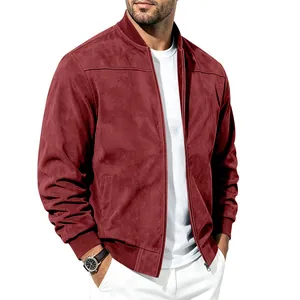 Vue détaillée du blouson bomber en daim bordeaux pour homme avec fermeture éclair