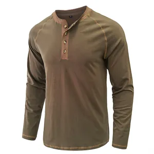 Men's vintage long sleeve cotton Henley shirt in olive brown with raglan sleeves.