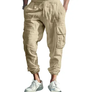 Detailed view showing the texture of men's loose cotton-linen cargo pants with drawstring waist