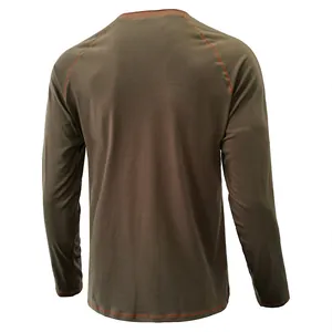 Back view of men's heavy cotton long-sleeve Henley shirt with orange contrast stitching