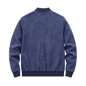 Vue arrière d'un blouson aviateur bleu marine haut de gamme pour homme en faux daim.
