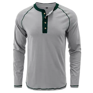 Front view of men's grey and green heavy cotton long sleeve retro Henley shirt