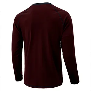 Detailed back view of heavyweight cotton long sleeve Henley shirt with contrast stitching