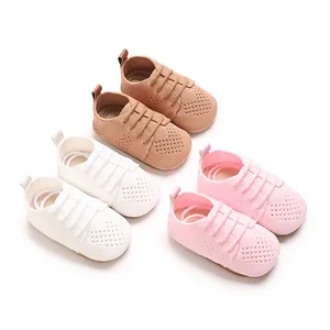 Breathable hollow knit baby princess shoes in pink, white, and tan for infants.