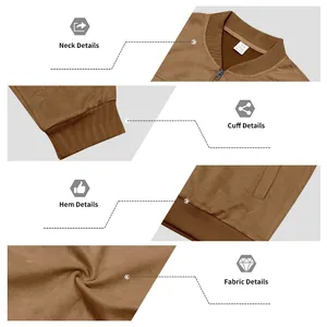 Détails du col, des poignets, de l'ourlet et de la texture du blouson aviateur en daim