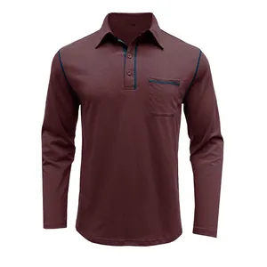 Polo de manga larga para hombre burdeos con costuras azules en contraste y bolsillo