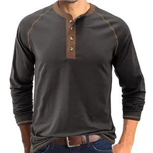 Detail view of a men's retro long-sleeved Henley shirt with contrast stitching.