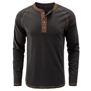 Vintage men's heavy cotton long-sleeve Henley shirt with contrast stitching details