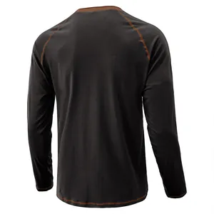 Rear view of a heavyweight cotton long-sleeve T-shirt with contrast raglan stitching