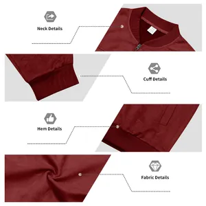 Détails d'une veste bomber en daim bordeaux montrant le col, les poignets et la texture