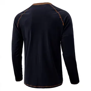 Back view of a navy blue long sleeve heavy cotton T-shirt with contrast brown stitching