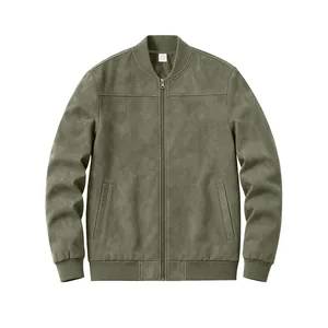 Gros plan d'un blouson aviateur en faux daim vert olive avec col côtelé et fermeture éclair.