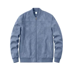 Vue détaillée d'un blouson bomber en daim bleu pour homme avec fermeture éclair