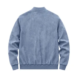 Vue arrière détaillée d'un blouson aviateur bleu pour homme en daim avec bords-côtes