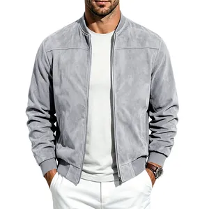 Vue détaillée de face du blouson aviateur en daim gris pour homme avec fermeture éclair