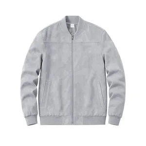 Détail de face d'un blouson aviateur en similicuir gris clair pour homme avec col montant.