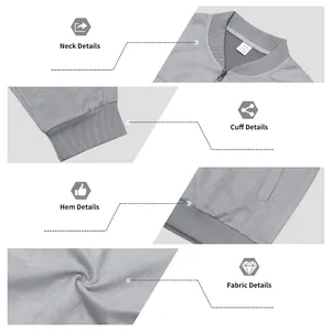 Vues détaillées du col, des poignets, de l'ourlet et du tissu d'un blouson en daim gris