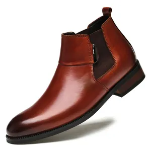 Premium brown top-grain leather Chelsea boots for men in a classic business style.