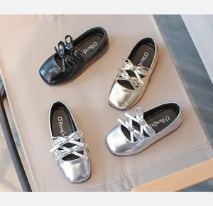 Group of girls' square-toe flats in black, gold, and silver with bow detail