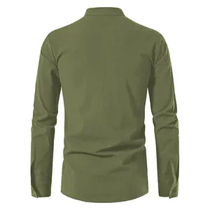 Back view of men's olive green stand collar long sleeve cotton linen casual shirt