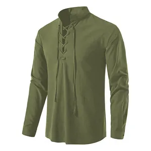 Detailed macro view of an olive green cotton linen lace-up Henley shirt for men's casual wear