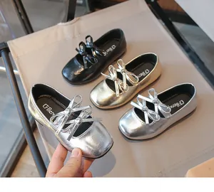 Square toe girls' leather flats with bow detail in silver, gold, and black finishes.